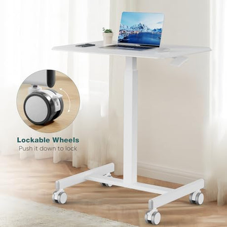 NEWBULIG Small Standing Desk Mobile Rolling Laptop PC Desk on Wheels Adjustable Height Computer Workstation Portable Modern Table for Home Office Bedroom, Modern White NEWBULIG