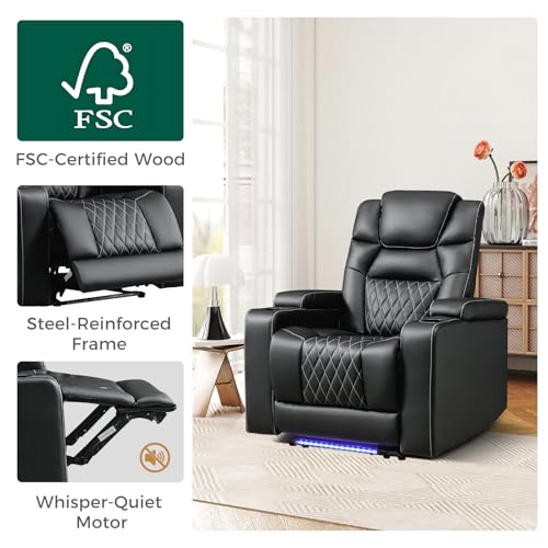 ANJ Power Recliner Chair with USB Port, Electric PU Leather Home Theater Seating for Living Room, Movie Reclining Chairs with Blue Ambient Lighting, Hidden Arm Storage, Cup Holders (Black)