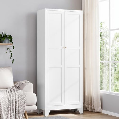 Yizosh Metal Pantry Cabinet, 75" Kitchen Pantry with 2 Door and 4 Adjustable Shelves,White Metal Pantry Storage Cabinet,Cupboard for Kitchen,Dining Room,Living Room and Bathroom Yizosh