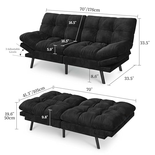 YITAHOME Futon Sofa Bed with 3-Position Adjustable Backrest & Armrests, Upholstered Loveseat Couch Bed, Expandable Foldable Design for Living Room, Bedroom, Small Apartments, Black YITAHOME