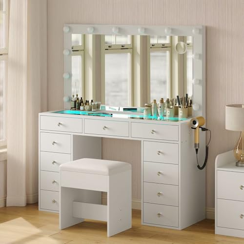 Vanity Desk with Mirror, Makeup Table with Power Outlet and 11 Lights, Set 3 Lighting with RGB Drawers, Vanity Table with 11 Drawers and Cushioned Stool for Bedroom, Dressing Room (White) CollaredEagle