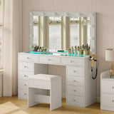 Vanity Desk with Mirror, Makeup Table with Power Outlet and 11 Lights, Set 3 Lighting with RGB Drawers, Vanity Table with 11 Drawers and Cushioned Stool for Bedroom, Dressing Room (White) CollaredEagle