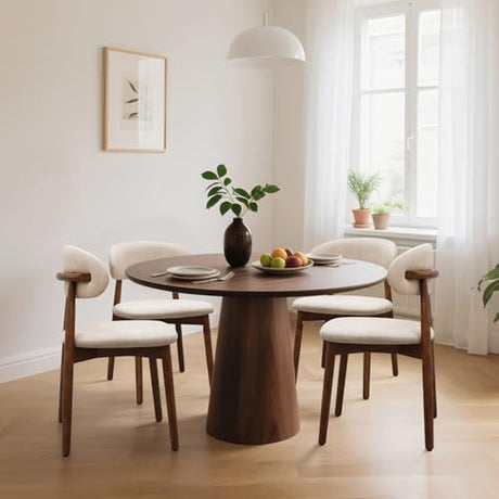 Farmhouse Dining Chairs Set of 4, Mid Century Modern Fabric Upholstered Kitchen Chairs, Wooden Dining Room Chair with Curved Back for Kitchen Dining Room Restaurant Cafe, Light Camel (Only Chairs) AmoUnico