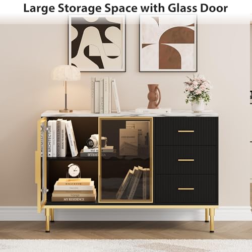 GAOMON Buffet Sideboard Cabinet with Storage, 46.4" Large Fluted Kitchen Sideboard Cabinet with 2 Glass Doors 3 Drawers and Shelves, Faux Marble Top Buffet Table for Dining Room, Living Room, Black GAOMON