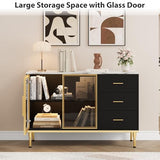 GAOMON Buffet Sideboard Cabinet with Storage, 46.4" Large Fluted Kitchen Sideboard Cabinet with 2 Glass Doors 3 Drawers and Shelves, Faux Marble Top Buffet Table for Dining Room, Living Room, Black GAOMON
