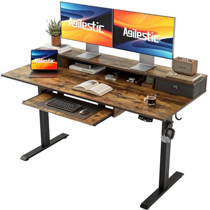 Agilestic Electric Standing Desk with 2 Drawers and Keyboard Tray, 55 x 24 Inches Ergonomic Adjustable Height Desk with Storage, Sit Stand up Desk Computer Workstation, Rustic Brown - WoodArtSupply