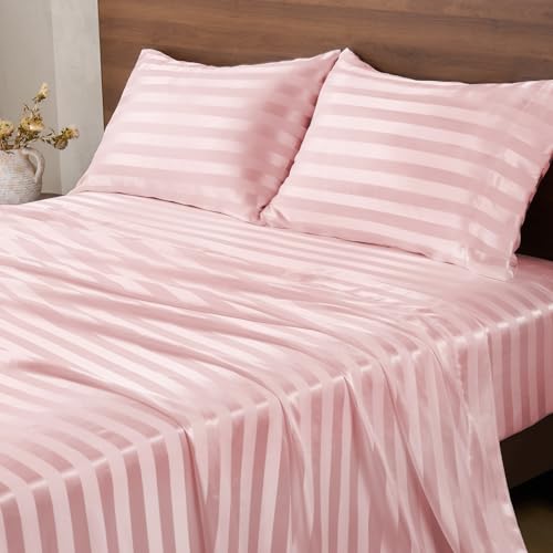 BEDELITE Satin Sheets Queen Size, Luxury Jacquard Striped Pink Bedsheets Set with Elastic Corner Straps, Similar to Silk Sheets Set 4 PC with 1 Deep Pocket Fitted Sheet, 1 Flat Sheet, & 2 Pillowcases BEDELITE