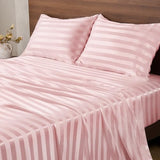 BEDELITE Satin Sheets Queen Size, Luxury Jacquard Striped Pink Bedsheets Set with Elastic Corner Straps, Similar to Silk Sheets Set 4 PC with 1 Deep Pocket Fitted Sheet, 1 Flat Sheet, & 2 Pillowcases BEDELITE
