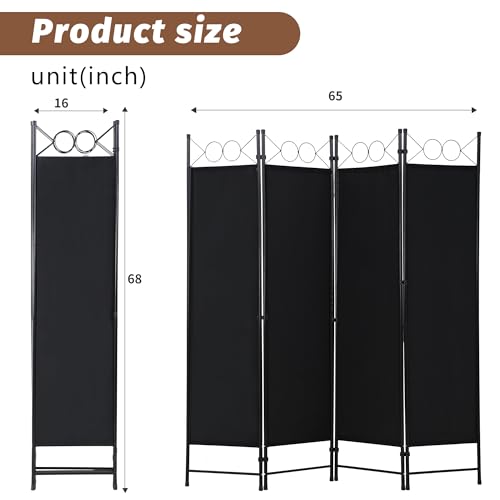 FDW 4 Panel Room Divider and Folding Portable Partition Screen, 6FT Wall Divider Screen for Dorm Bedroom Office, Coal Black FDW
