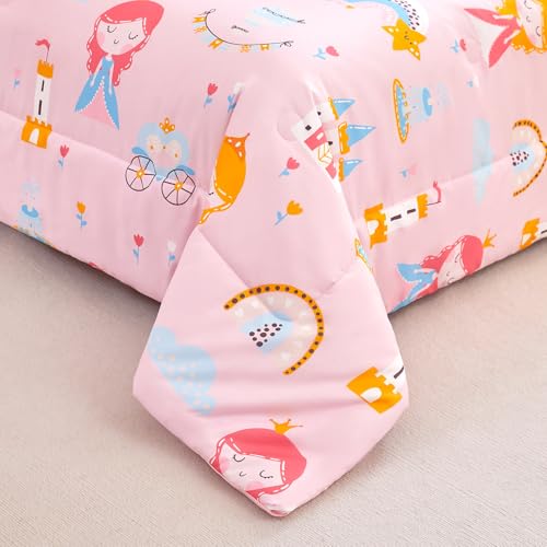 WINLIFE Pink Princess Comforter Set Queen Size for Girls 3 Pieces Soft Microfiber Cute Floral Fairytale Castle Pink and Blue Bedding Sets WINLIFE