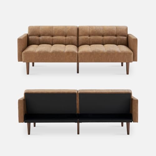 mopio Aaron Couch, Small Sofa, Futon, Sofa Bed, Sleeper Sofa, Loveseat, Mid Century Modern Futon Couch, Sofa Cama, Couches for Living Room, Bedroom (Pecan Brown, Faux Leather) mopio