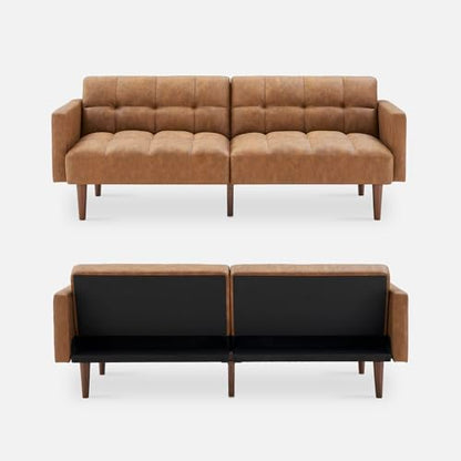 mopio Aaron Couch, Small Sofa, Futon, Sofa Bed, Sleeper Sofa, Loveseat, Mid Century Modern Futon Couch, Sofa Cama, Couches for Living Room, Bedroom (Pecan Brown, Faux Leather) - WoodArtSupply