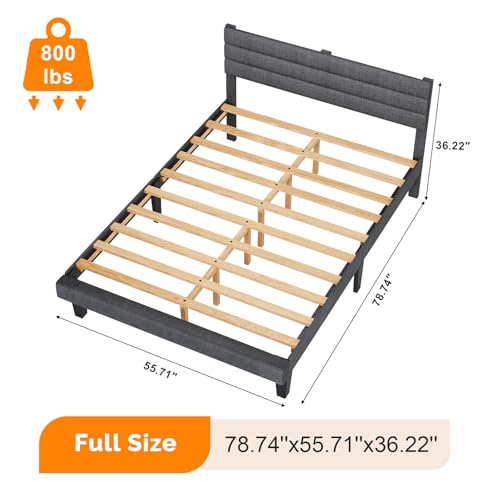 VINGLI Full Bed Frame with Headboard,Upholstered Platform Bed with Adjustable Headboard,Heavy Duty Slats Support,Mid Century Modern,Noise Free, No Box Spring Needed, Dark Gray VINGLI