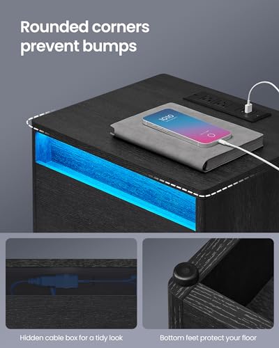 VASAGLE Nightstand with Charging Station, Side End Adjustable LED Lights, Bedside Table with Drawer 2 AC Outlets, 2 USB Ports, Modern, for Bedroom, 13.7" D x 15.7" W x 21.7" H, Black VASAGLE