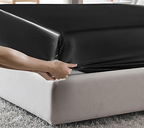 MILVOWOC Satin Fitted Sheet Twin XL, Black Single, Luxury Deep Pocket Bottom Bed Sheet, Soft Silky Bedding MILVOWOC
