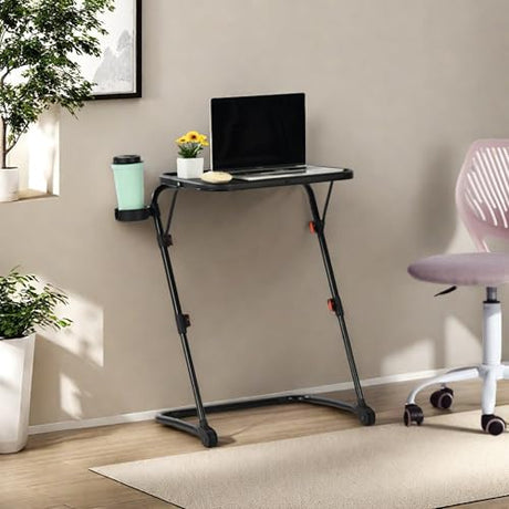 Homy Casa Adjustable Z Shaped Study Desk with Cup Holder, No Assembly Required,Space Saving Portable Laptop Foldable Table for Home Office Living Room & Bedroom, Sturdy Metal Frame with PP Top, Black Homy Casa
