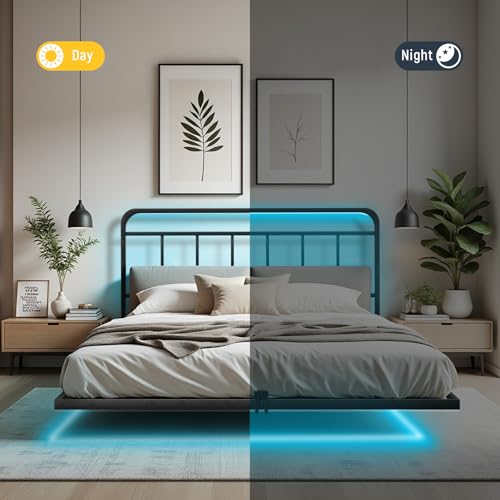 Domus Homeware Floating Full Size Platform Bed Frame with LED Lights & Charging Station - Includes Powered Screwdriver for Assembly, Mattress Fasteners & Corner Pads, Hardened Steel Domus Homeware
