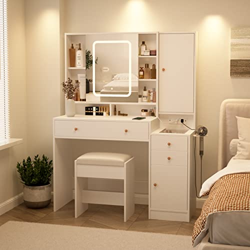 Vabches White Vanity Desk with Mirror and Lights, Vanity Table Makeup Vanity with Lights 3 Drawers and Cabinets, Charging Station & Sliding Door, Lots Storage Shelves - WoodArtSupply