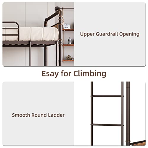 GAOMON Bunk Bed Twin Over Twin,Metal Bunkbeds with Ladders & 16.6" Safety Guardrail,Twin Bunk Beds for Kids,Adults and Small Spaces,No Box Spring Needed,Brown GAOMON