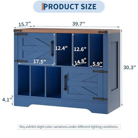 BouPower 39" Large Vinyl Record Player Stand with Vinyl Storage, Farmhouse Wood Turntable Record Player Stand with Storage Cabinet and 2 Barn Doors to 450 Albums for Living Room Bedroom, Navy Blue BouPower