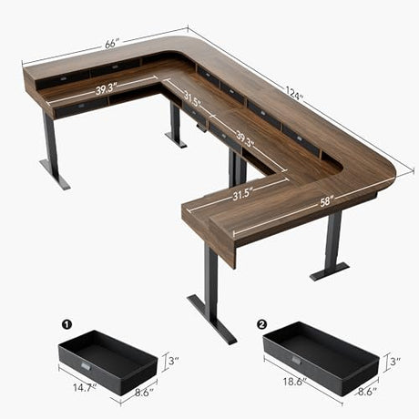 HUANUO U-Shape Large Standing Desk with Storage Drawers, 2-Tier Corner Sit Stand Desk with Power Strip Tray & Cable Grommets, Height Adjustable Extra Large Computer Gaming Table, Walnut HUANUO