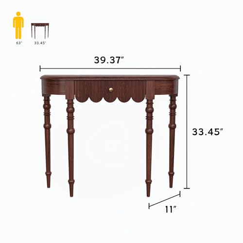 Etelifrank Solid Wood Console Table with Drawer – Dark Walnut Entryway Table with Scalloped Edge and Straight Legs, Narrow Accent Sofa Table for Living Room or Hallway(Dark Walnut) Etelifrank