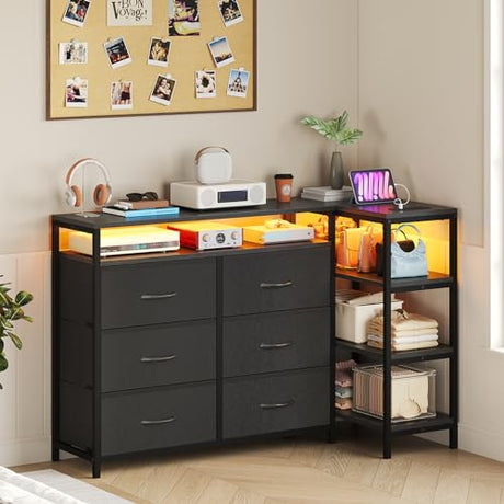 BTHFST TV Stand Dresser Bedroom for 60 Inch TV with LED Lights & Charging Station, Changable L Shape Corner TV Stand, 6 PU Drawers, 3 Open Shelves Entertainment Center (Black) BTHFST