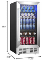 EUHOMY 15 Inch Beverage Refrigerator Cooler Under Counter 127 Cans Beverage Fridge Built-in or Freestanding with Glass Door, LED Light, Beer Fridge for Soda, Water, Wine - Home Kitchen Bar. EUHOMY