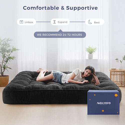 MAXYOYO 8" Futon Mattress Queen Size, Ultra Thick Futons Sofa Couch Bed Tufted Sleeper Sofa Bed, Floor Mattress for Adults, Shredded Foam Filling (Frame Not Included), Black MAXYOYO