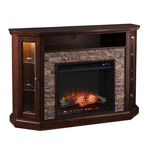 SEI Furniture Redden Faux Stone Corner Convertible Electric Fireplace with Media Storage, New Espresso SEI Furniture