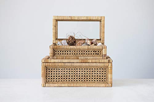 Creative Co-Op Modern Decorative Rectangle Woven Rattan and Wood Display Boxes with Glass Top, Set of 2 Sizes, Natural Finish - WoodArtSupply