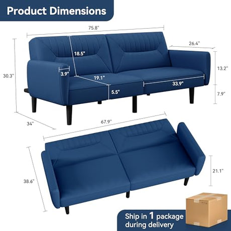 AMICLIBER Futon Sofa Bed,75.8" Linen Fabric Comfy Futon Couch Bed,3 Seater Convertible Sleeper Sofa with Adjustable Backrests,Modern Folding Loveseat for Living Room,Office,Apartment,Bedroom,Blue AMICLIBER