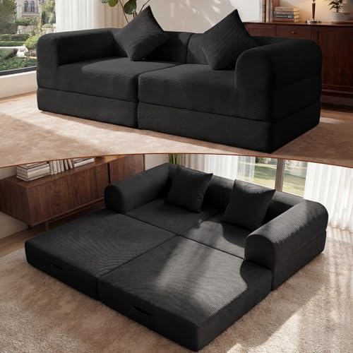 LunaHush 74.8’’ Boneless Modular Convertible Sofa Bed, Fold-Out Floor Couch Loveseat, All-Foam Futon Mattress Couch, Corduroy Sleeper Sofa for Living Room & Small Spaces, No Assembly Required, Black LunaHush