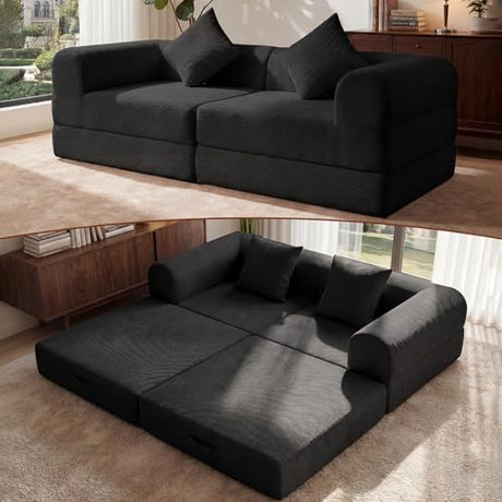 LunaHush 74.8’’ Boneless Modular Convertible Sofa Bed, Fold-Out Floor Couch Loveseat, All-Foam Futon Mattress Couch, Corduroy Sleeper Sofa for Living Room & Small Spaces, No Assembly Required, Black LunaHush