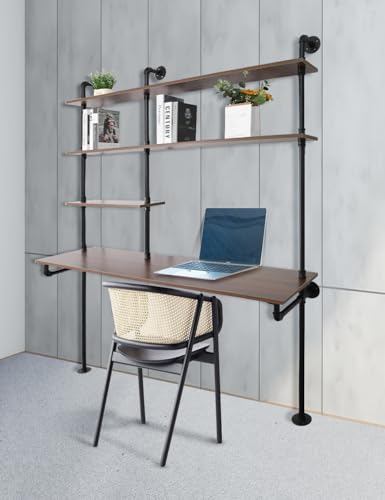 OLDRAINBOW Industrial Pipe Computer Desk with Shelves,Wall Mounted Laptop Desks for Small Spaces,59 inch Bookshelf Narrow Writing Desk with Floating Shelves OLDRAINBOW