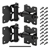 2 Pack Self Closing Gate Hinges for Wooden Fences Heavy Duty Solid Vinyl Fence Gate Closer Hinges with 22 Screws Swing Adjuster Tool 90 Degree Tension Boerboel Gate Hardware Kit Black Finish HILLMASTER