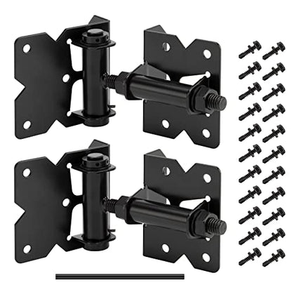 2 Pack Self Closing Gate Hinges for Wooden Fences Heavy Duty Solid Vinyl Fence Gate Closer Hinges with 22 Screws Swing Adjuster Tool 90 Degree Tension Boerboel Gate Hardware Kit Black Finish - WoodArtSupply