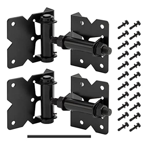 2 Pack Self Closing Gate Hinges for Wooden Fences Heavy Duty Solid Vinyl Fence Gate Closer Hinges with 22 Screws Swing Adjuster Tool 90 Degree Tension Boerboel Gate Hardware Kit Black Finish HILLMASTER