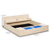 Outsunny Kids Wooden Sandbox w/Two Plastic Boxes Foldable Bench Seat Waterproof Cover Bottom Liner Storage Space Outsunny