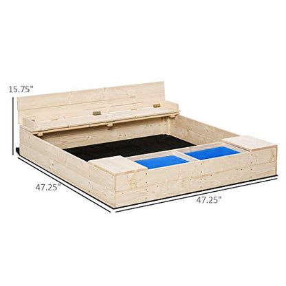 Outsunny Kids Wooden Sandbox w/Two Plastic Boxes Foldable Bench Seat Waterproof Cover Bottom Liner Storage Space