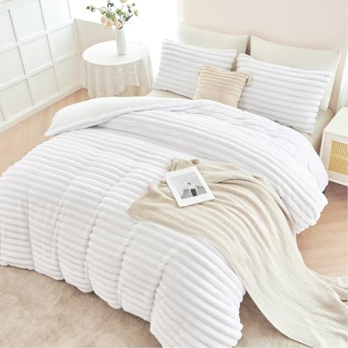 ANGIYUIN 3 Pieces White Duvet Cover Sets Twin Faux Fur Fluffy Bedding Cover Sets for Kids Girls Teens Soft Fuzzy Comforter Cover Sets for All Season(White Twin) ANGIYUIN