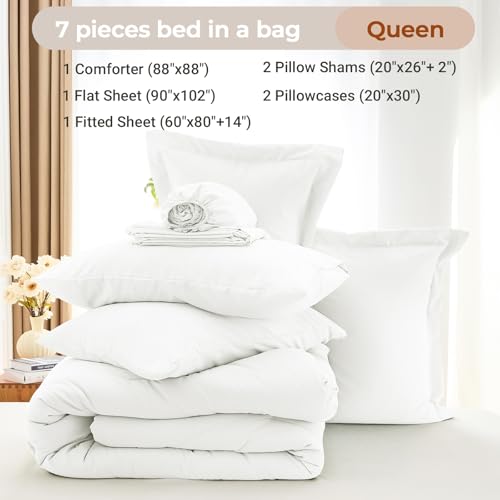 MUXHOMO 7 Pieces Queen Comforter Set, Soft Bed in a Bag Queen Size, All Season Bedding Set with Comforter, Flat Sheet, Fitted Sheet, Pillowcases & Shams, White MUXHOMO