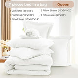 MUXHOMO 7 Pieces Queen Comforter Set, Soft Bed in a Bag Queen Size, All Season Bedding Set with Comforter, Flat Sheet, Fitted Sheet, Pillowcases & Shams, White MUXHOMO