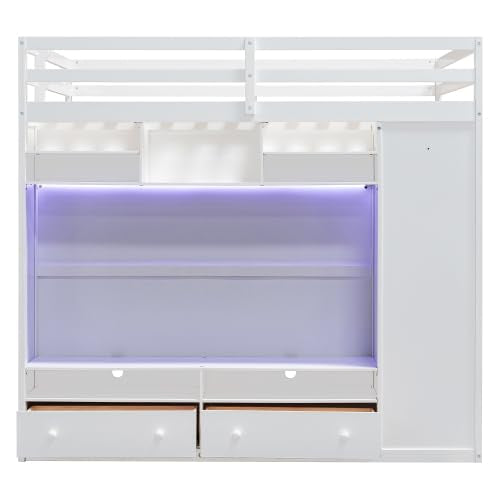 Harper & Bright Designs Full Size High Loft Bed with Drawers & Shelves, Wooden Loft Bed Frame with Wardrobe & LED Light for Kids & Teens (White) Harper & Bright Designs