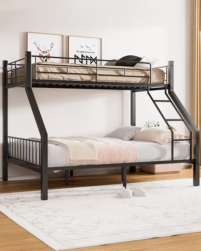 Miscoos Twin XL Over Queen Bunk Bed, Heavy Duty Bunk Bed with Safety Ladder and Full-Length Guardrails, Metal Queen Bed Frame with Slats Support for Adults, Teens, Kids, Black