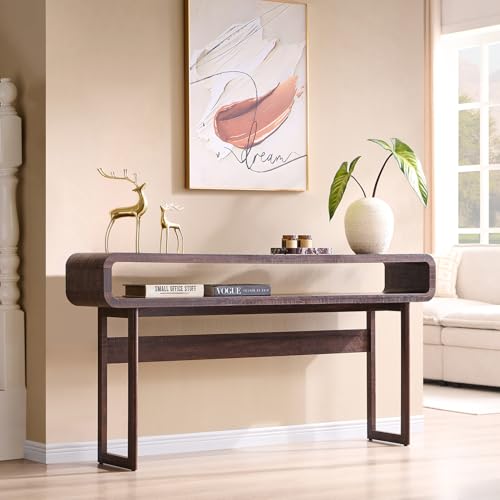 IFGET 63-Inch Long Console Table, 31.5" Tall Modern Entryway Table with Open Storage Shelf, Curved Profile Design, Narrow Wood Sofa Table Behind Couch Tables for Living Room, Hallway, Foyer, Brown IFGET