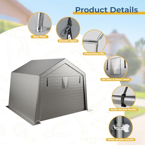 LINKHOO 10x10 FT Portable Garage Carport, Heavy-Duty Storage Shed with 220G Waterproof PE Tarp, Roll-Up Zipper Door & Vent, for Motorcycle, Bike, UTV, Tools, Outdoor Equipment, Gray LINKHOO
