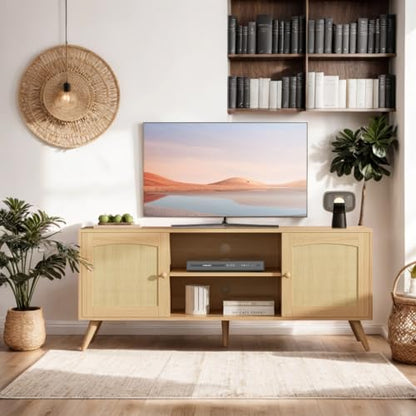 DIYART Oak TV Stand for 60 Inch TV, Wooden Mid Century Modern Entertainment Center with Natural Rattan Door, Boho Media TV Console for Living Room - WoodArtSupply