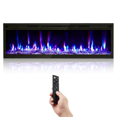 GarveeHome 50 in Electric Fireplace Wall Mounted/Recessed with Remote Control, 4.2 in Ultra-Thin Linear Fireplace Heater 750W/1500W with Timer, 12-Color Flames, Log & Crystal Options