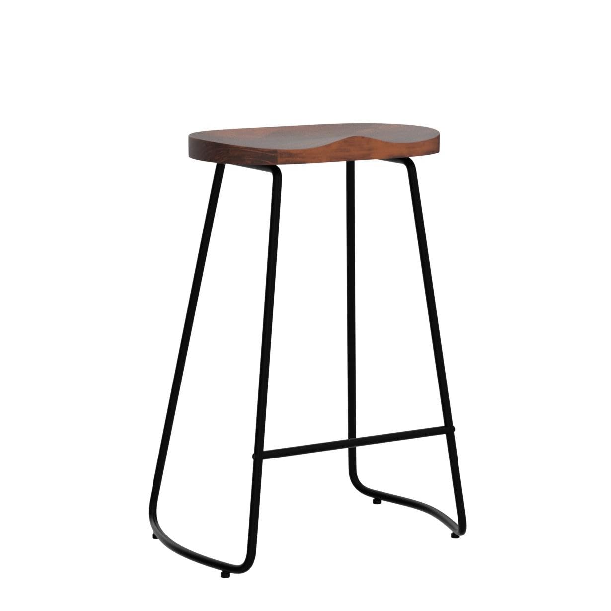 HeuGah Bar Stools Set of 3, Solid Wood Counter Height Bar Stools 26 Inch Barstool Chair for Kitchen Island Rustic Saddle Seat Backless Stools with Metal Leg (Walnut, 3 PCS 26Inch Counter Chai - WoodArtSupply